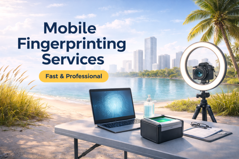 Mobile Live Scan fingerprinting setup in Sarasota, Florida with fingerprint scanner, laptop, and professional photo capture equipment for FDLE Level 2, AHCA, and FBI background checks
