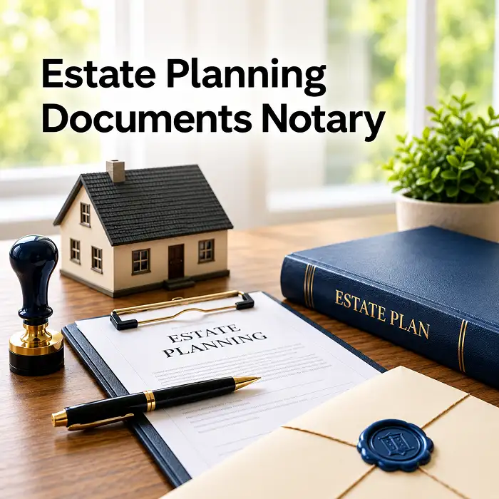 Estate planning documents notary with legal paperwork and notary stamp
