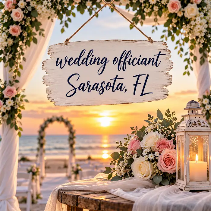 Florida wedding officiant conducting a romantic beach wedding ceremony at sunset