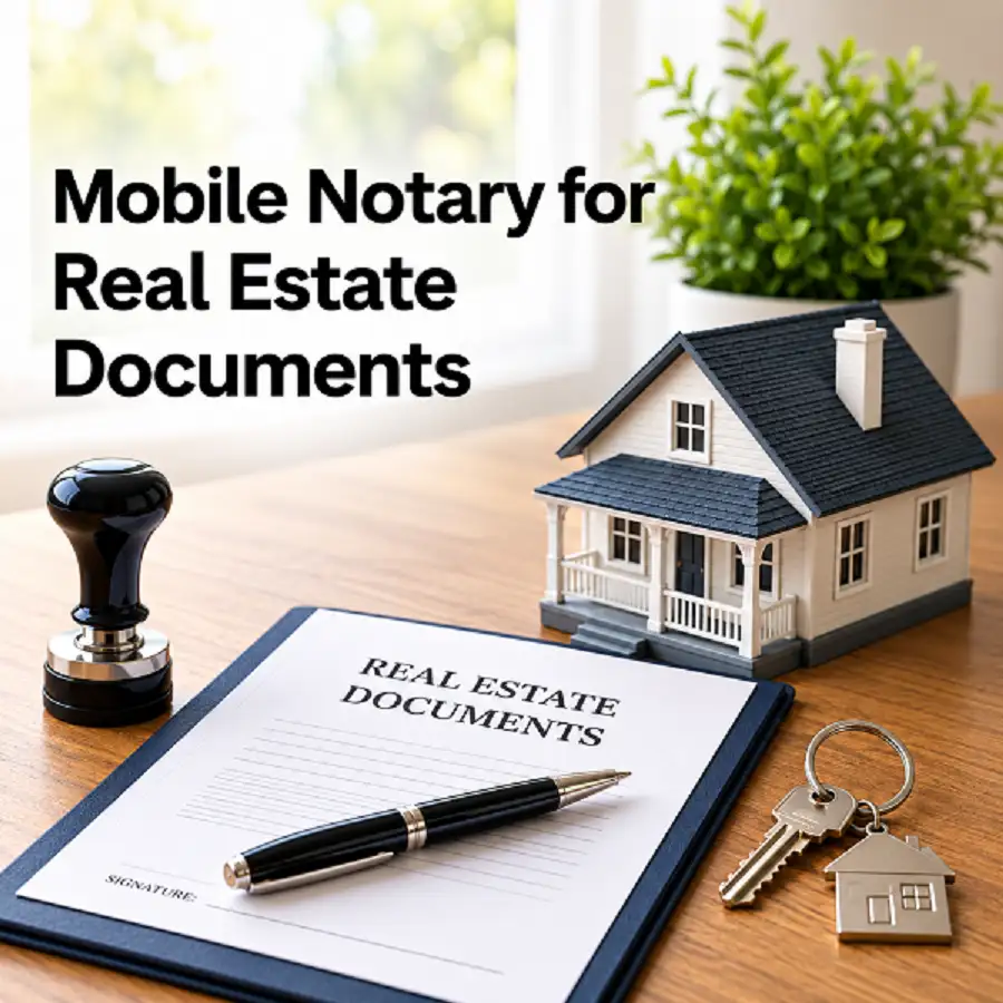 Mobile notary for real estate documents with property paperwork, house and notary stamp